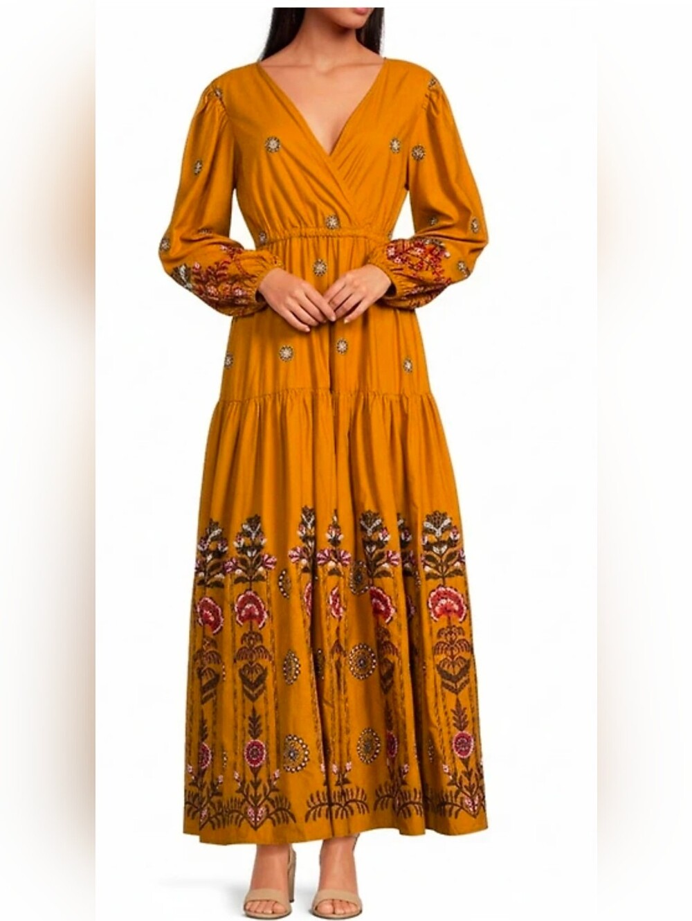 Embroidered Mustard Maxi Dress with V-Neck and Long Sleeves